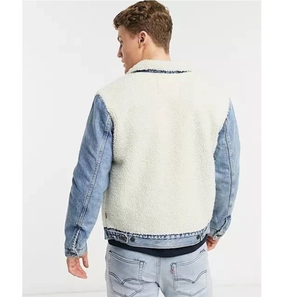 Levi’s Premium Sherpa Panel Trucker Denim Jacket Medium Blue Wash Size M - Picture 4 of 11